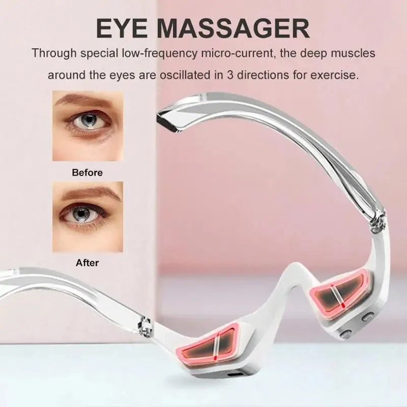 Pink and white 3D micro-current eye massager with glasses-style design on a grey background.