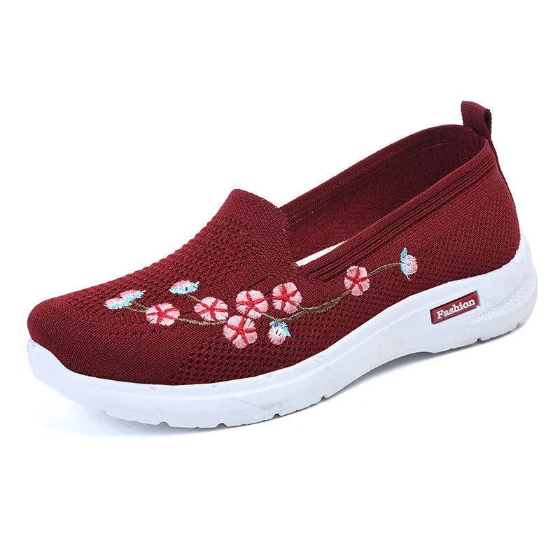 Women's wine red embroidered low-heel sports pumps with a round toe and anti-slip sole