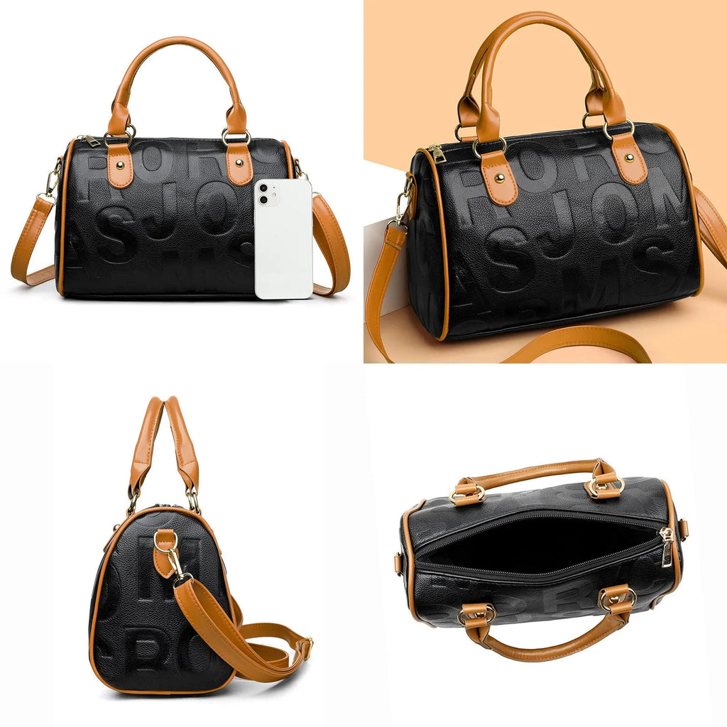 Brown cylindrical crossbody bag with three shoulder straps showing authentic leather texture