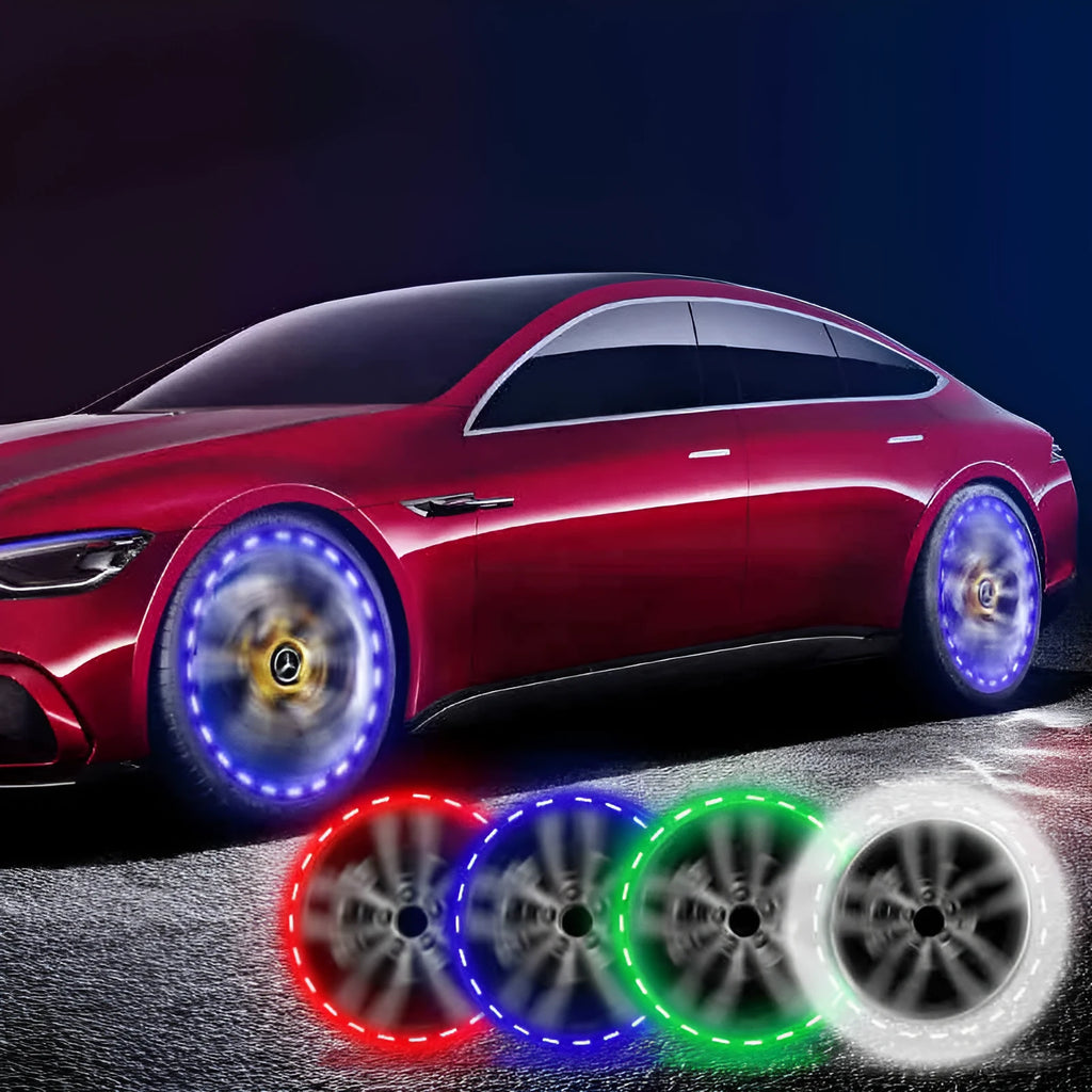 Colourful solar-powered LED valve light for mounting on a vehicle wheel hub.