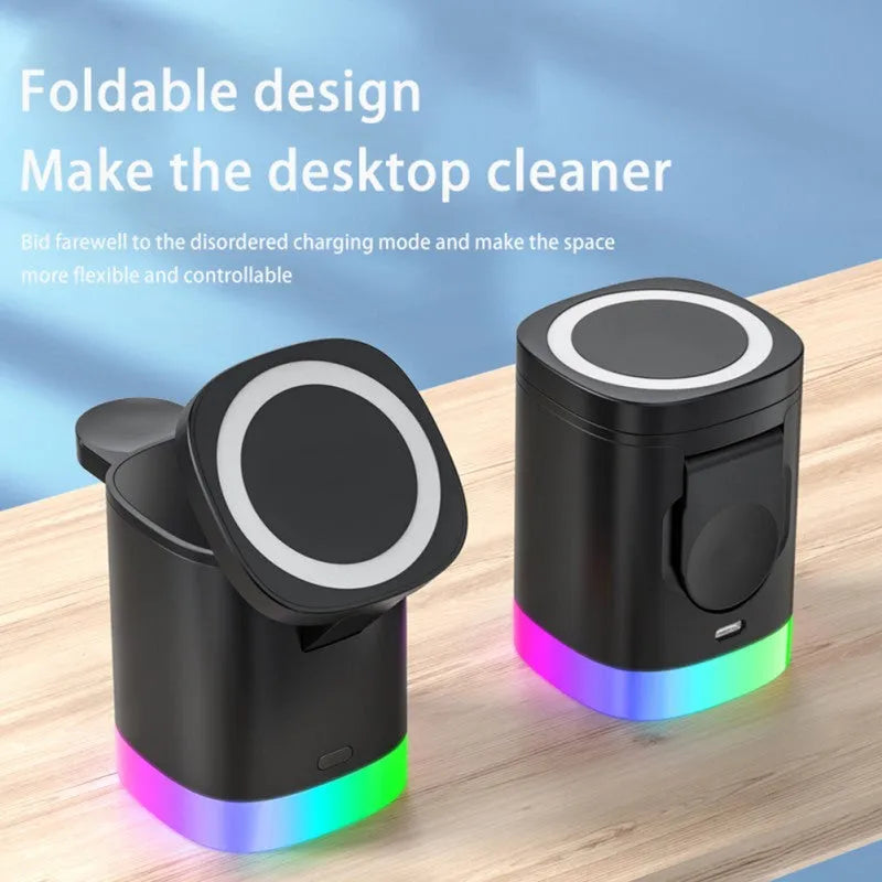 Black and white foldable 3-in-1 magnetic wireless fast charging station for phone, watch and earbuds.