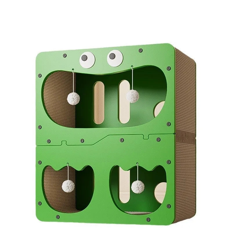 Wear-resistant cat scratching board attached to a double-layer enclosed cat nest in a cute owl design style.