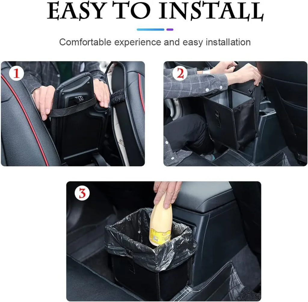 Black car folding trash can with hanging straps and 22L capacity