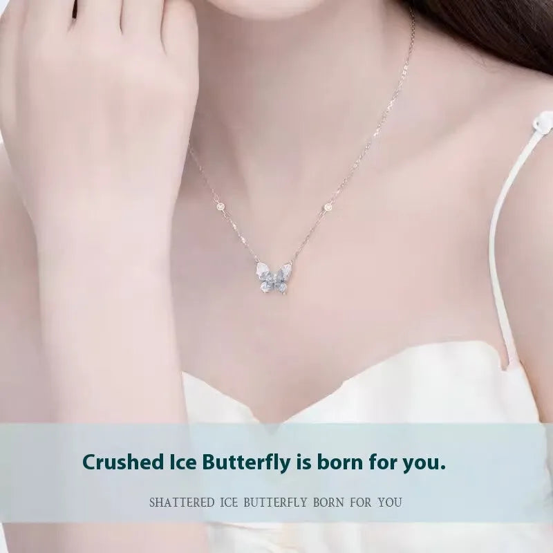 Close-up of an adjustable S925 sterling silver necklace with an ice rain butterfly pendant on a 41-50cm O-ring chain.