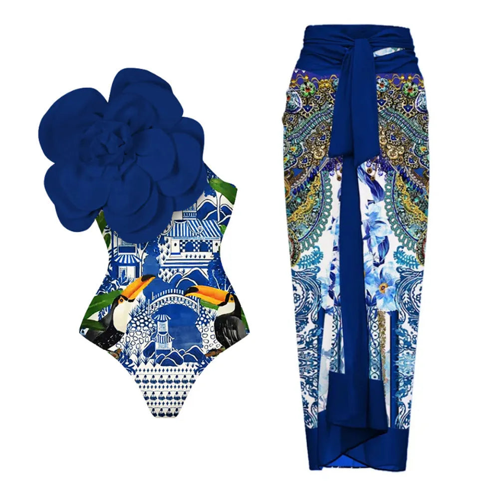 One-piece swimsuit with three-dimensional floral detail in solid colours, sized S to XL.