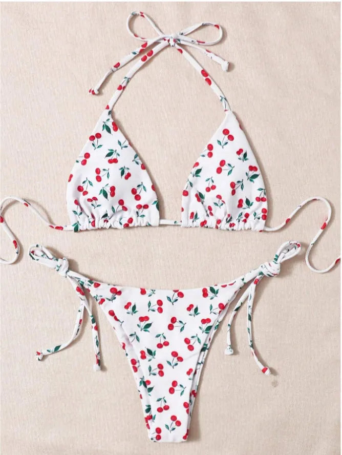 Women's split halter bikini set with backless design in briefs style and solid colour
