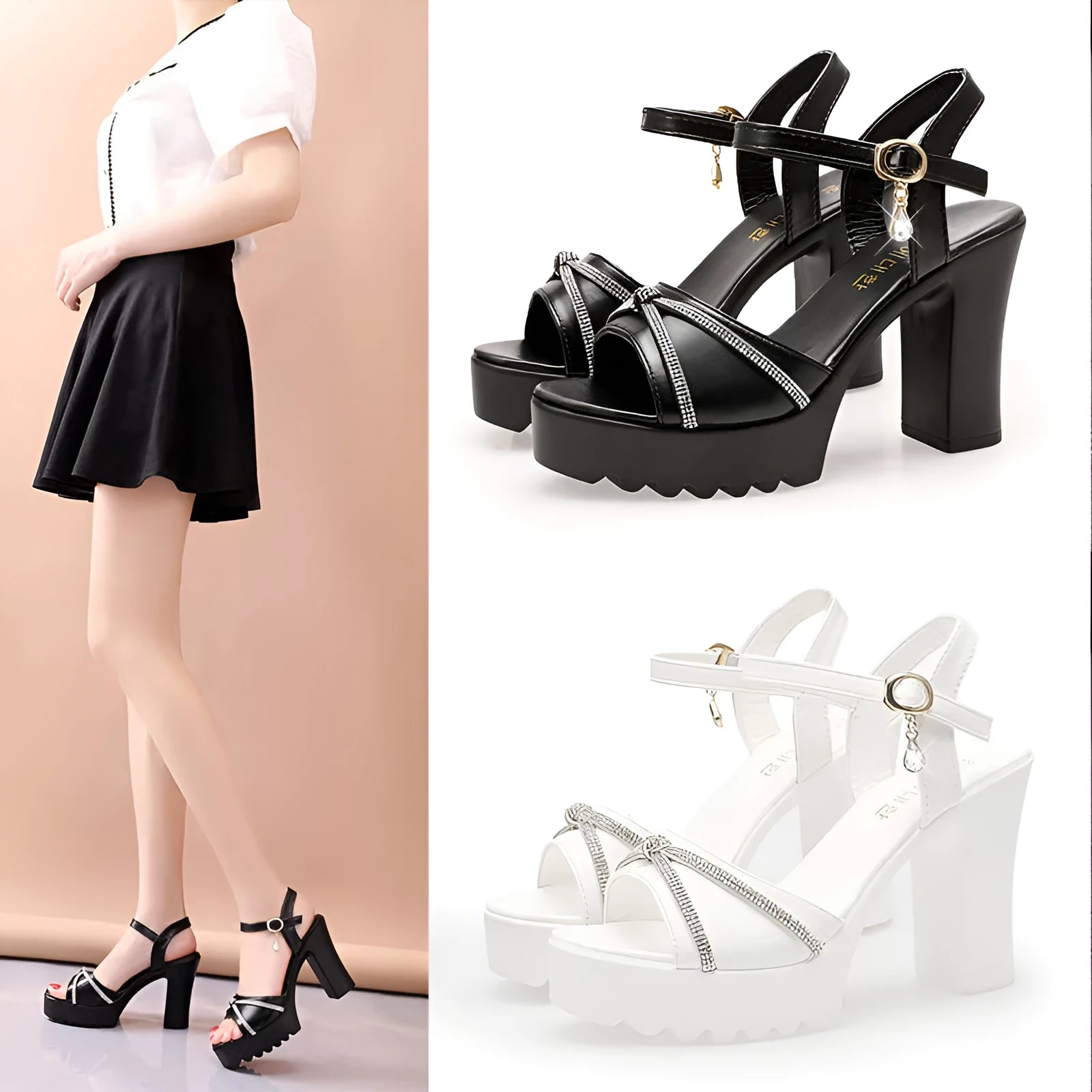 Women's black and white PU wedge heel sandals on a plain background, showing the front and side profile.