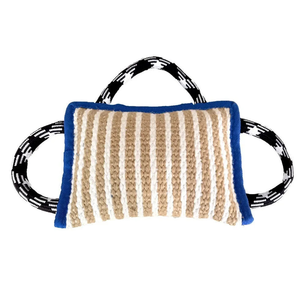 Dog rope tug toy with jute bite pillow and three handles in multiple colour options