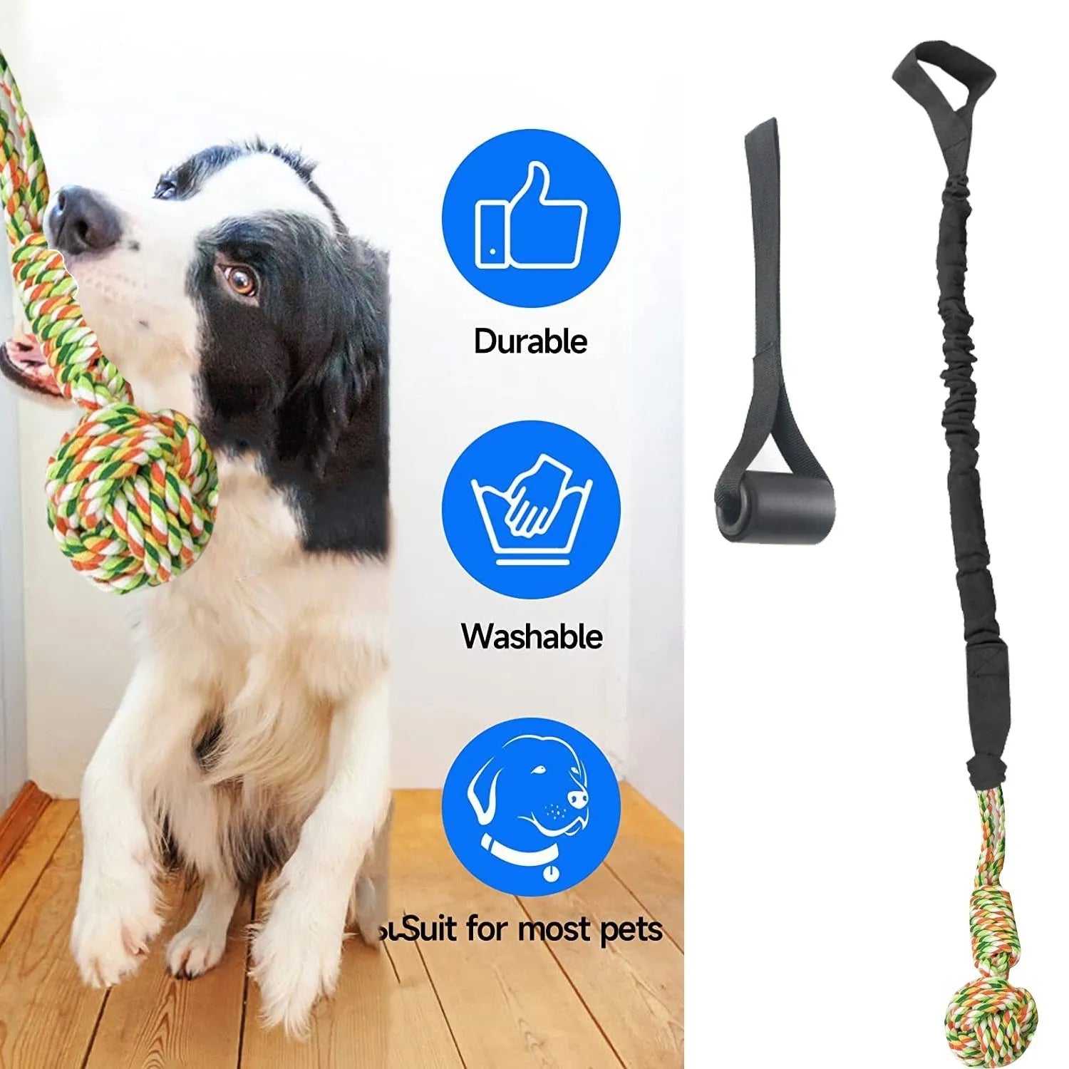 Braided cotton dog tug-of-war rope toy in red, shown with a dog gripping one end.