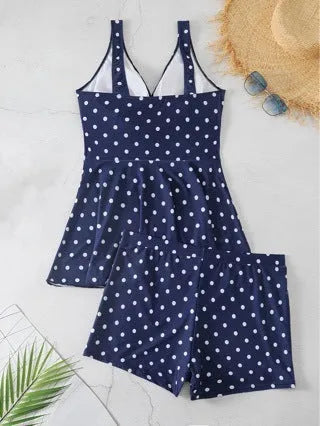 Blue polka dot print women's plus size bikini set with briefs-style shorts.