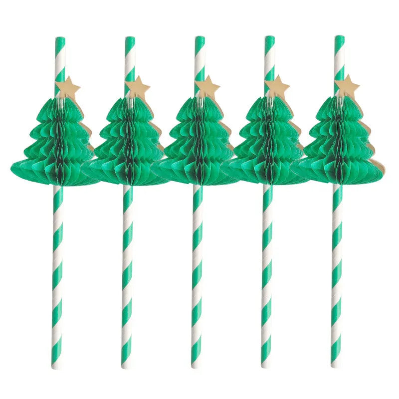 Pack of 50 paper honeycomb Christmas tree straws, each 6x197mm, with three-dimensional tree design for festive drinks