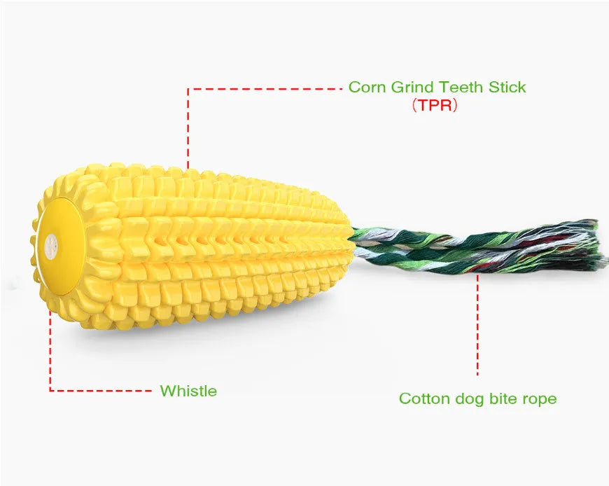 Yellow TPR simulation corn dog dog toy with bite-resistant surface, available with or without squeaker for play.