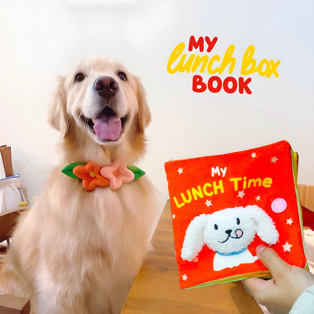 Red book plush pet toy for food searching and interactive enrichment featuring soft fabric