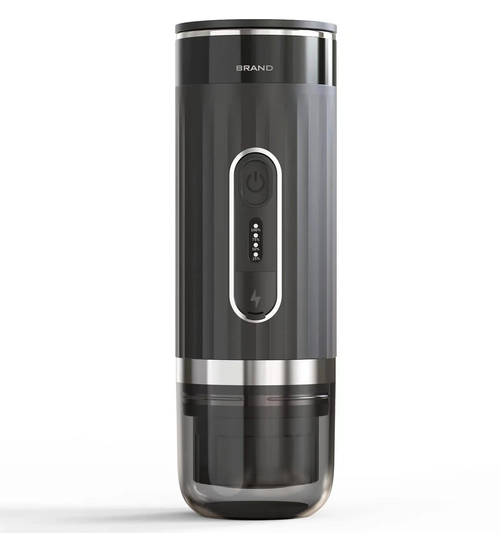Black portable coffee machine with K cup capsule compatibility for outdoor camping and vehicle use