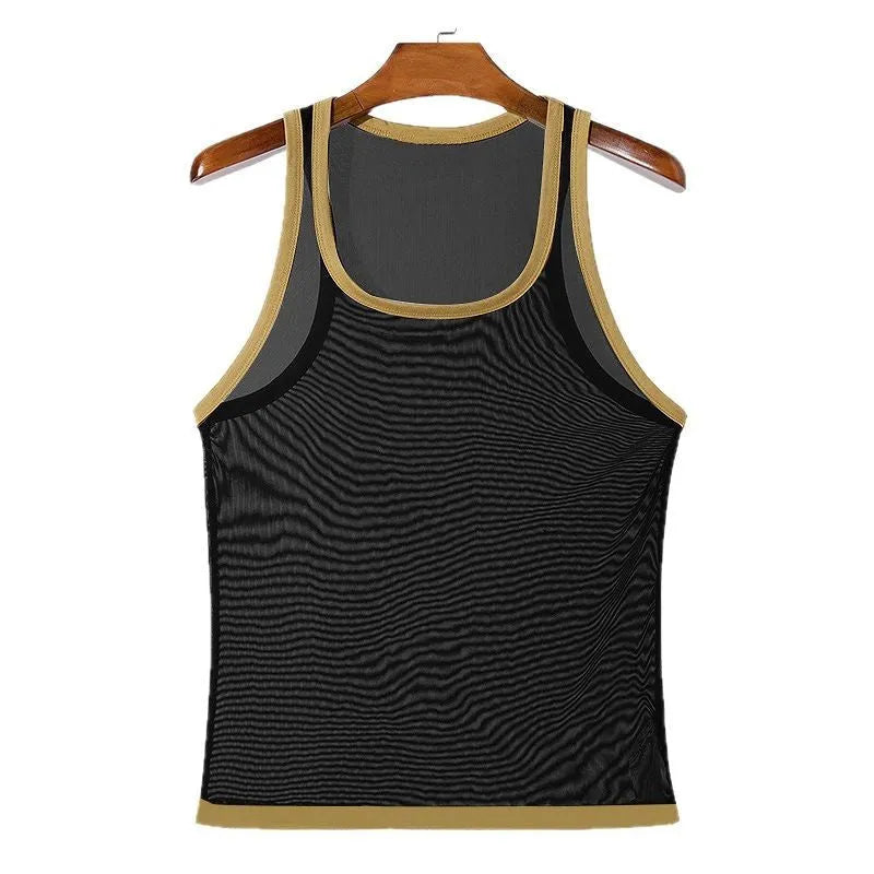Men's black mesh fitness vest with straight hem design on white background