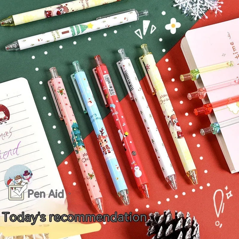 Cartoon design press gel pen set with six black-ink pens in plastic packaging