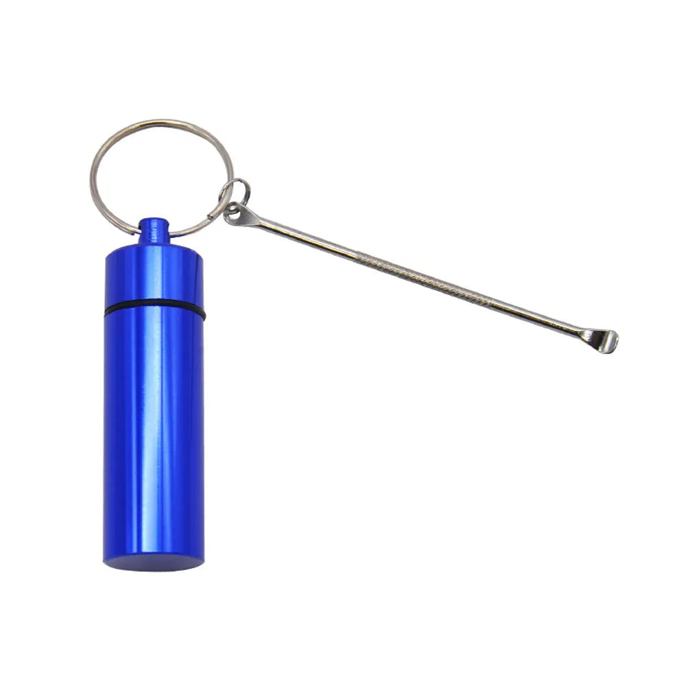 Aluminium portable pill box with spoon and keychain in five colour options