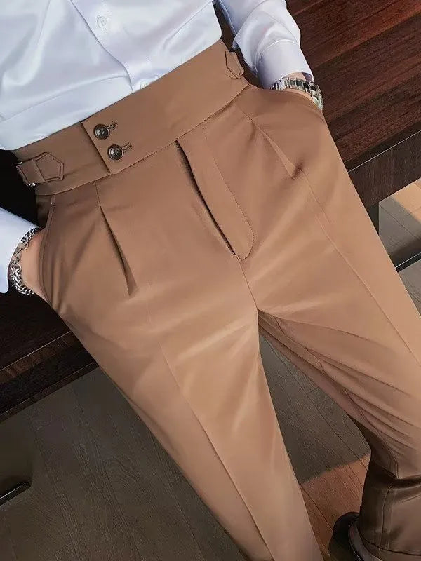 Retro high waist straight leg casual trousers in a cotton blend fabric, shown in a neutral colour.