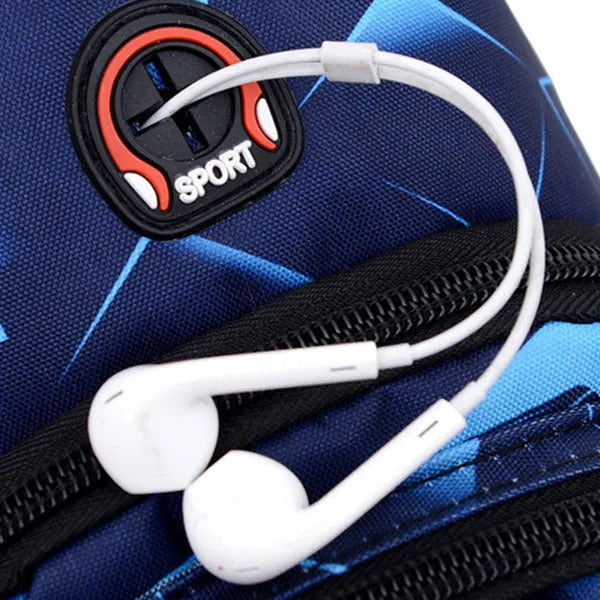 Blue Oxford cloth crossbody messenger bag with a strap, showing a front earphone hole and zipper closure.