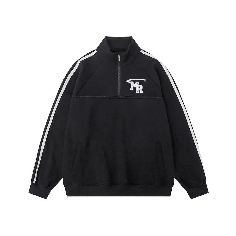 Black retro stand collar polyester hoodie coat for men and women on a hanger.
