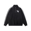 Black retro stand collar polyester hoodie coat for men and women on a hanger.