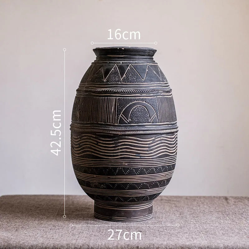 Medium cement flower pot with African ancient tank design and punched drainage base