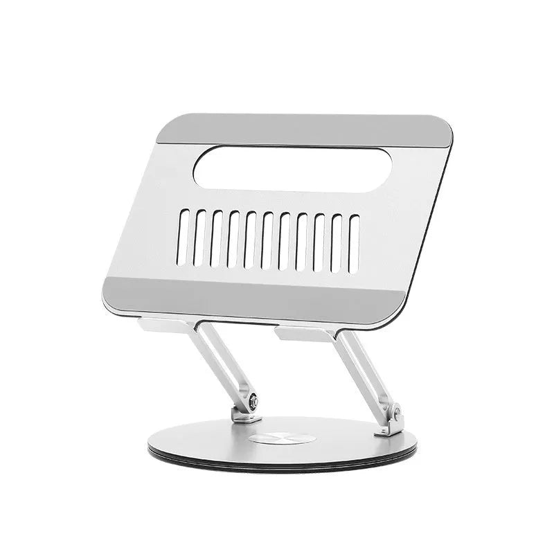 Silver aluminium alloy foldable and rotatable laptop stand on a desk