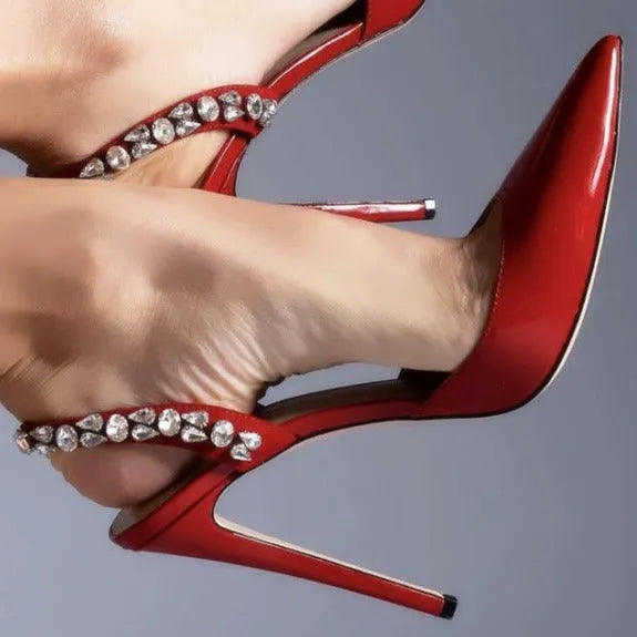 Women's black patent leather pointed toe high heel sandals with side rhinestone decoration.