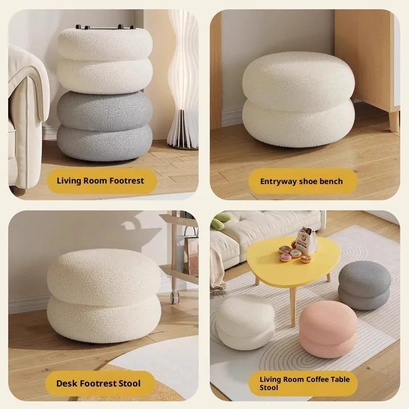 Small round stool with cream-style finish in white colour featuring three layers of lamb high elastic sponge for household use