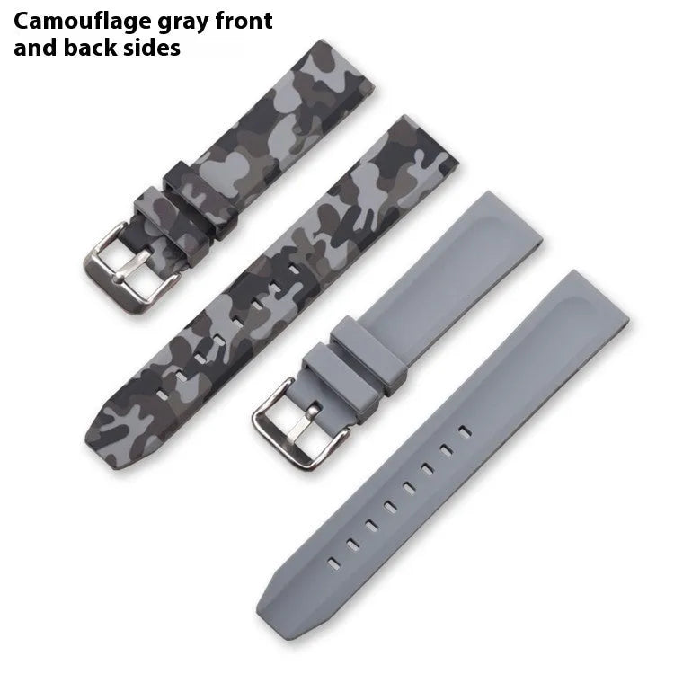 Green camouflage silicone watch strap showing 20mm width and buckle detail.