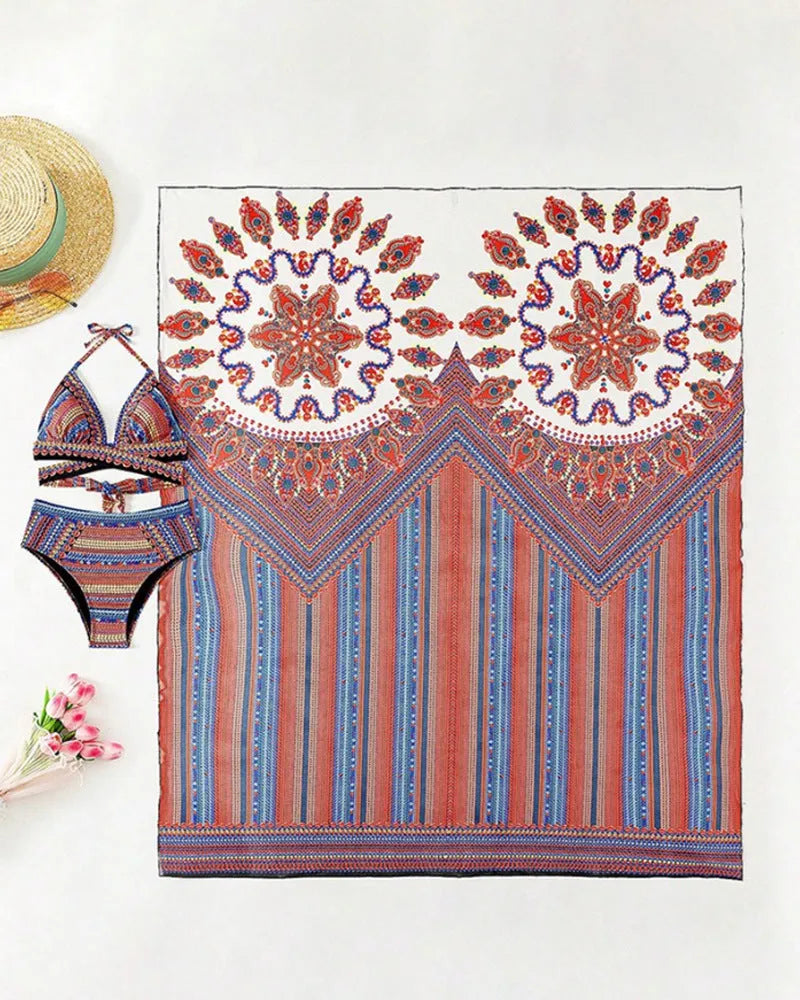 Women's three-piece polyester swimsuit set with cutout blouse and high-waist bottom, shown in picture colour.