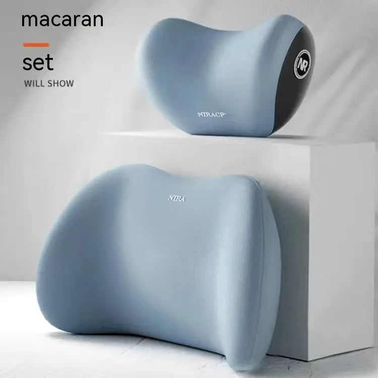 Black memory foam car headrest and lumbar support pillow set with milk silk cover.