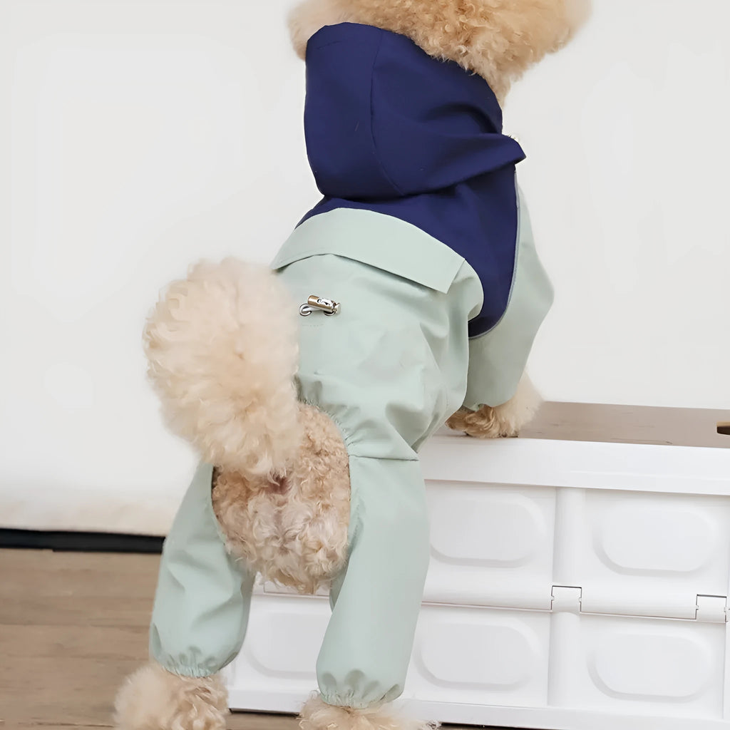 Khaki coloured waterproof polyester shell jacket on a small to medium sized dog.