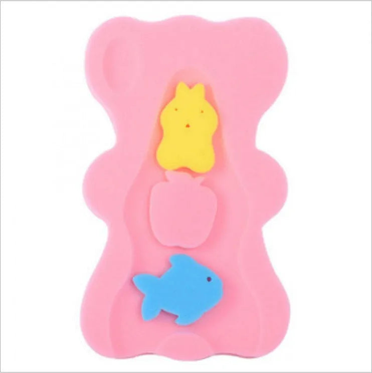 Yellow baby bath mat made of polyurethane sponge, 4.7 cm thick, on white background