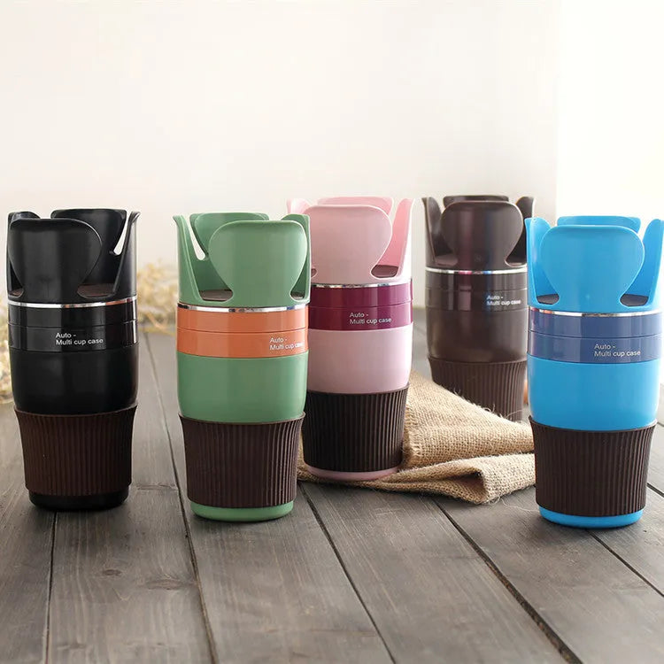 Car cup holder and phone mount bracket in black, brown, green, pink, and sky blue colours