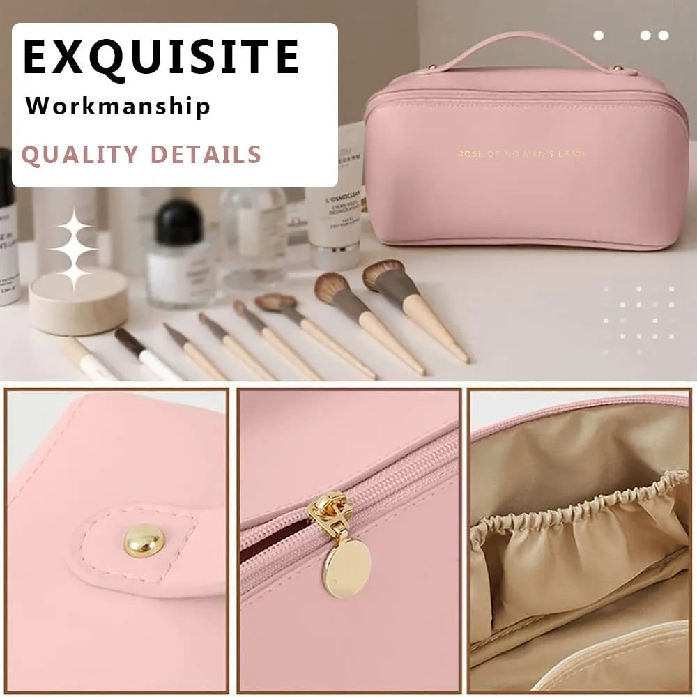 Large capacity PU leather travel cosmetic bag with handle, double-layer design, wire-inserted opening, black colour