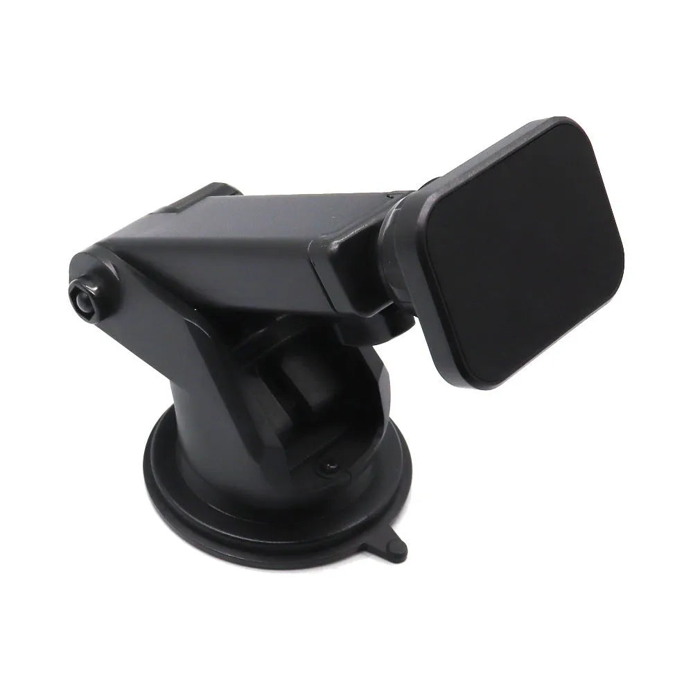 Black rotatable magnetic car phone holder mounted on dashboard with smartphone attached