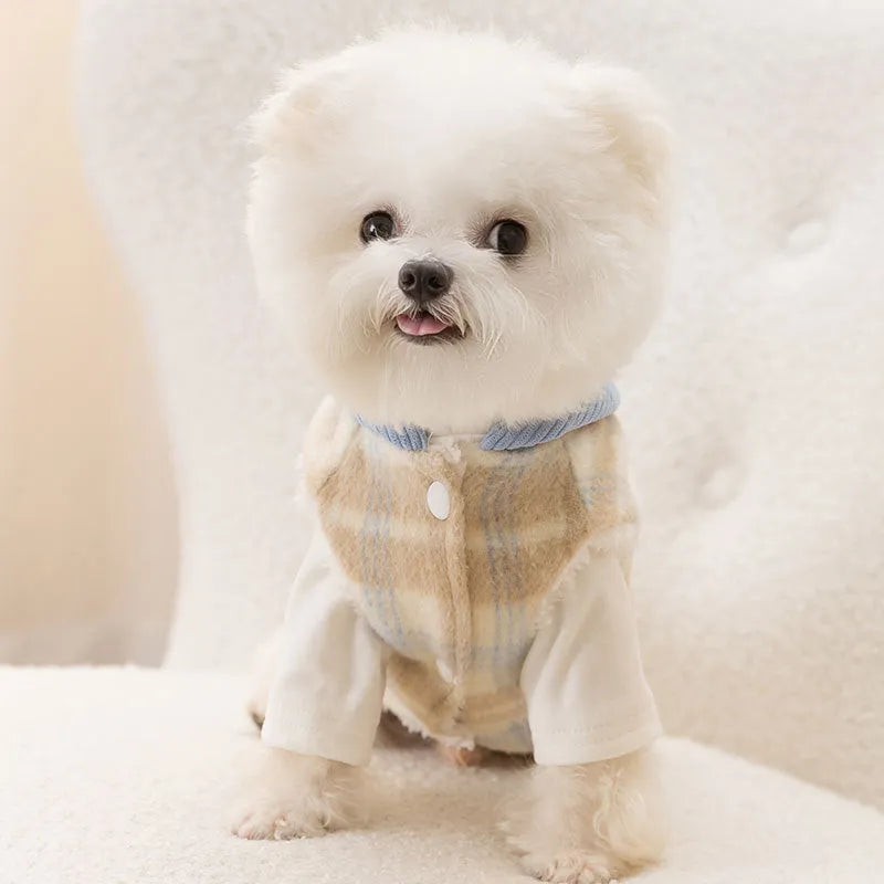 Chessboard grid pattern hooded corduroy dog traction vest in blue or yellow