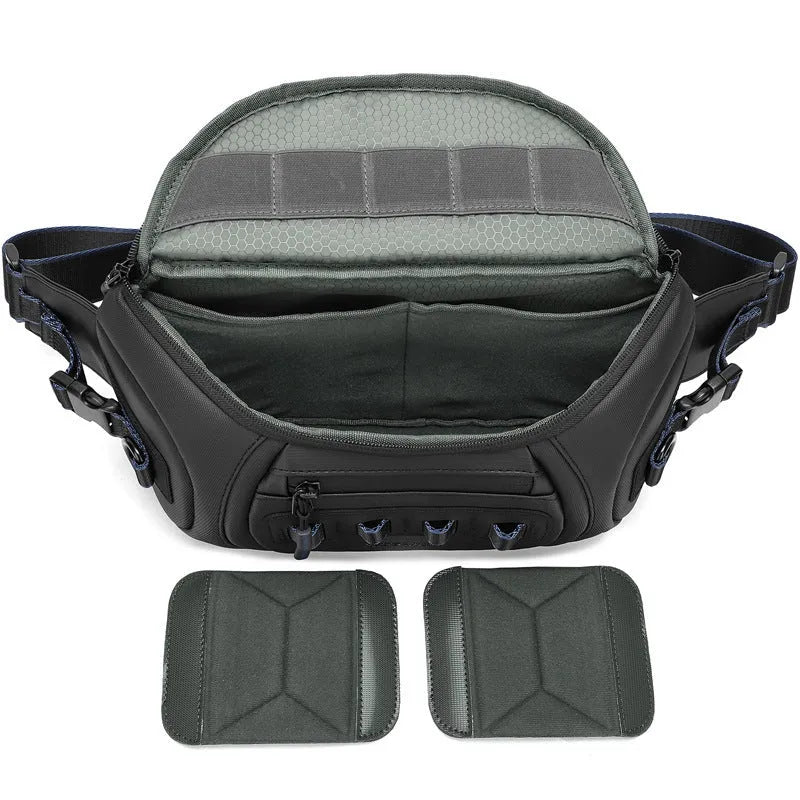Black waterproof Oxford cloth shoulder camera bag worn across the chest.