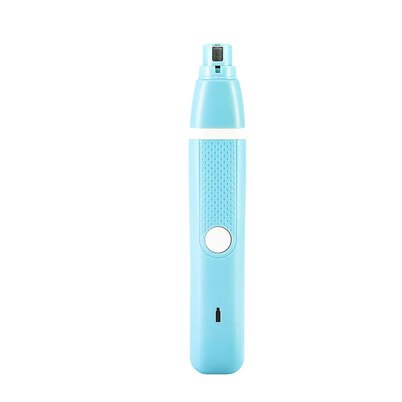 Pet nail polisher and hair trimmer dual-purpose tool in blue, with USB cable and accessories on white background