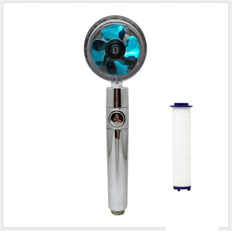 Blue handheld shower head with stop button and turbo nozzle on a chrome bracket.