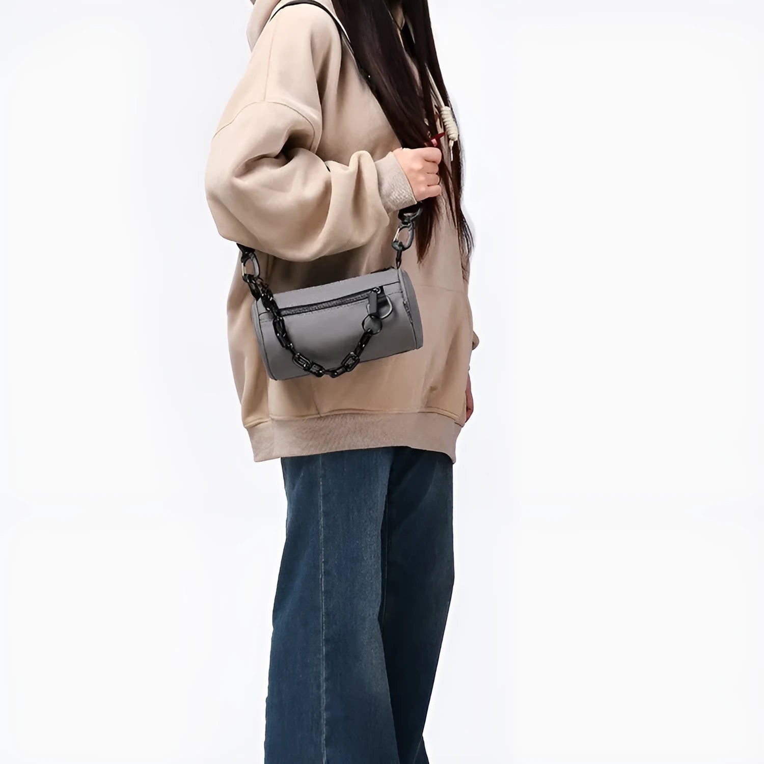 Oxford cloth waterproof messenger crossbody bag with chain detail in black, grey, or orange colours