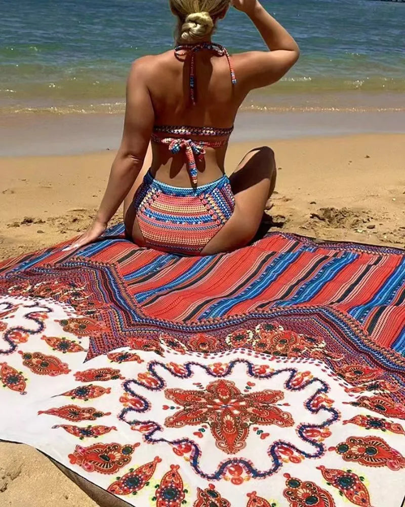 Women's three-piece high-waist split swimsuit set in the pictured colour, showing the sleeveless top, bikini bottom, and coat.