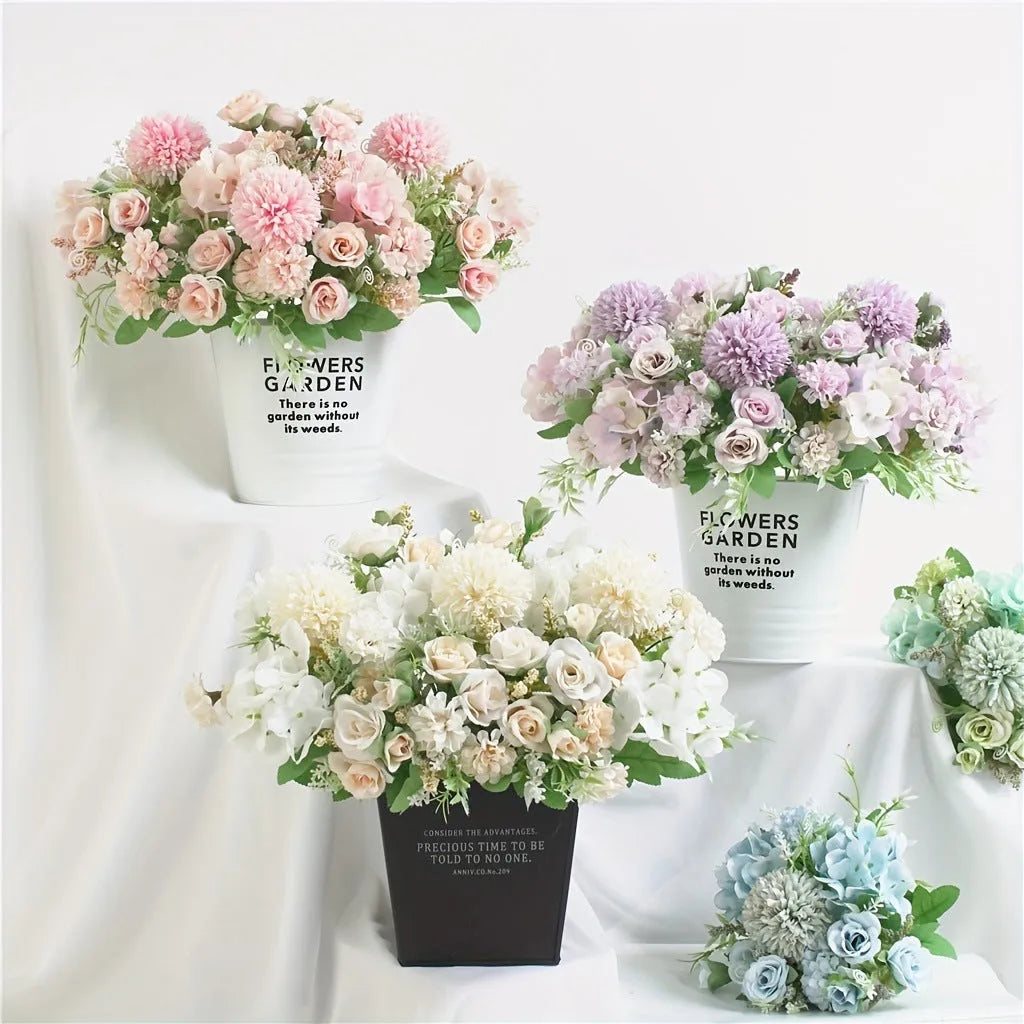 Artificial hydrangea combination in raw silk and plastic, available in white, blue, pink, purple, and green, 1pc or 4pc