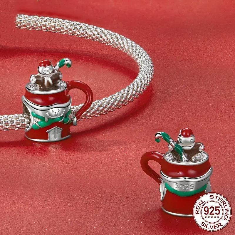 925 sterling silver Christmas snowman hot cocoa bead, 1.4cm high, with dripping oil finish on white background
