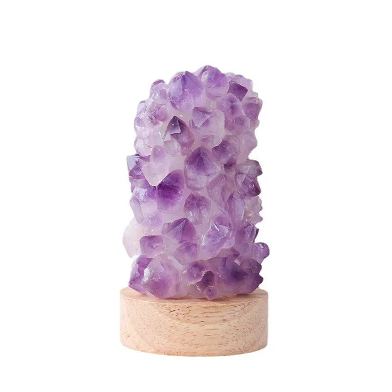 Small amethyst crystal night light with natural tooth flower formations and USB cable