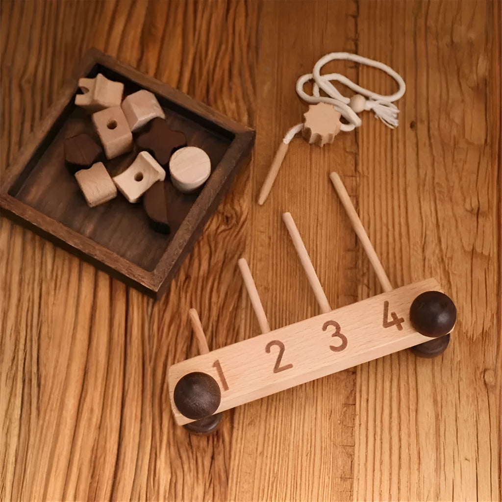 Wooden early learning toys set: car cognitive toy and star moon threading toy on table