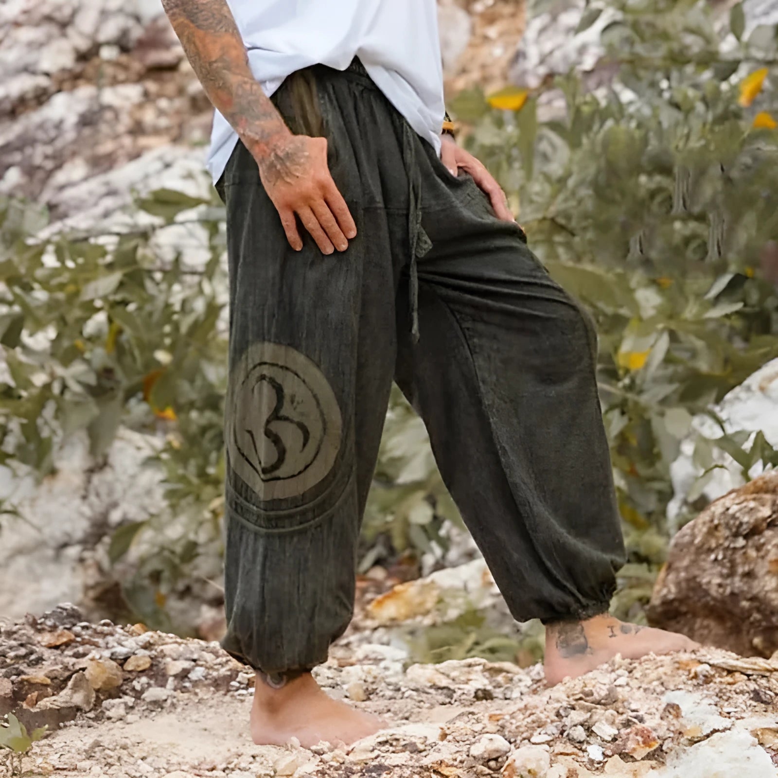 Men's dark green ethnic pattern ankle-tied casual trousers with mid waist and thin polyester construction