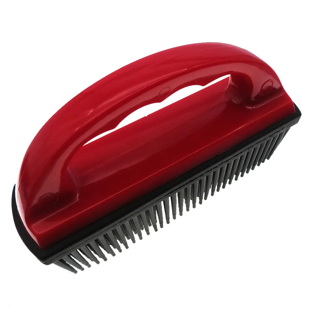 Red handheld pet hair removal brush for grooming and carpet cleaning, shown at 160mm by 85mm size.