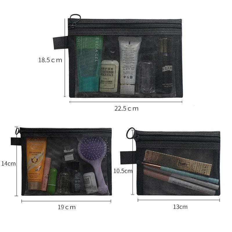 Transparent nylon mesh cosmetics storage bag with zipper in three sizes